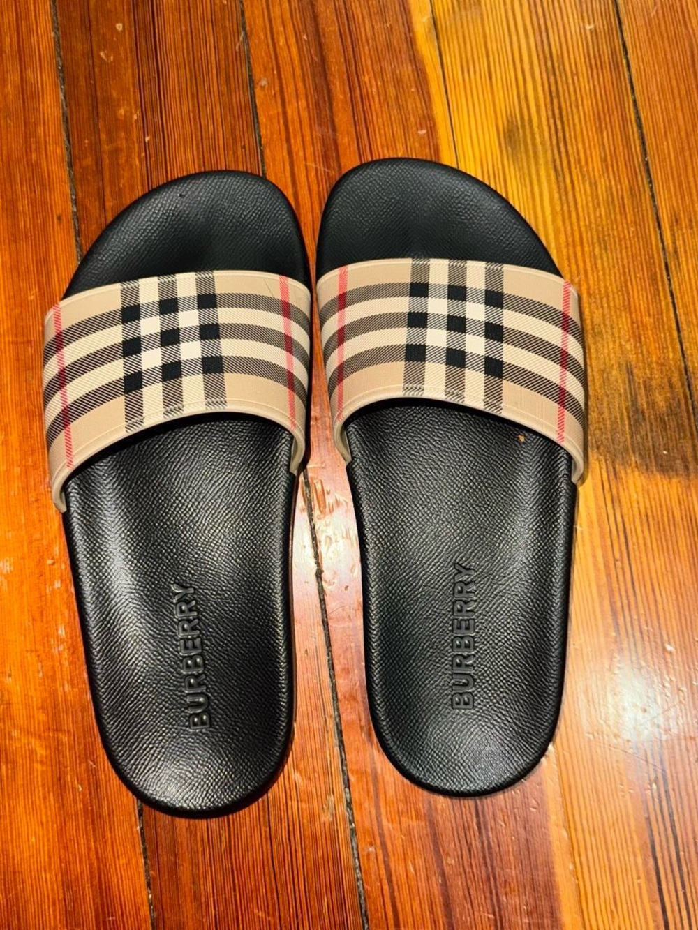 Burberry Beige Check & Black Leather Slide Sandals